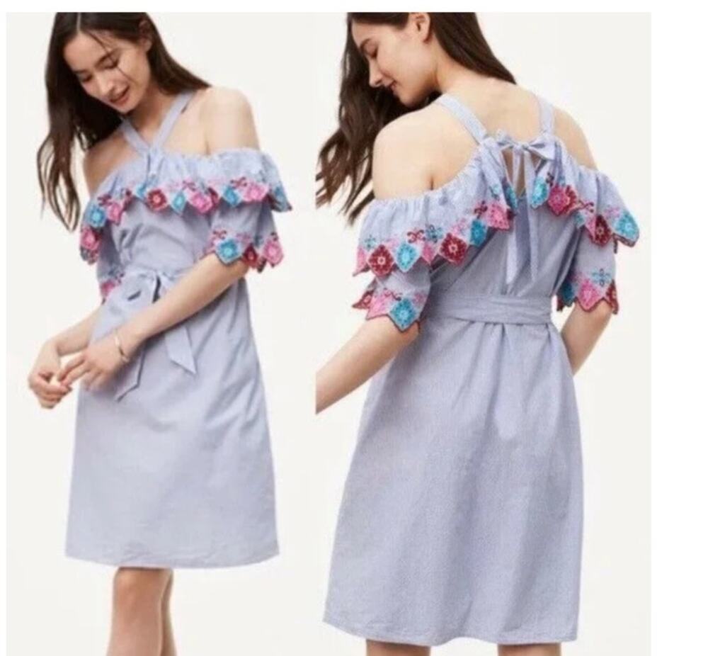 Loft ruffled embroidery off shoulder blue white stiped fiesta halter dress small